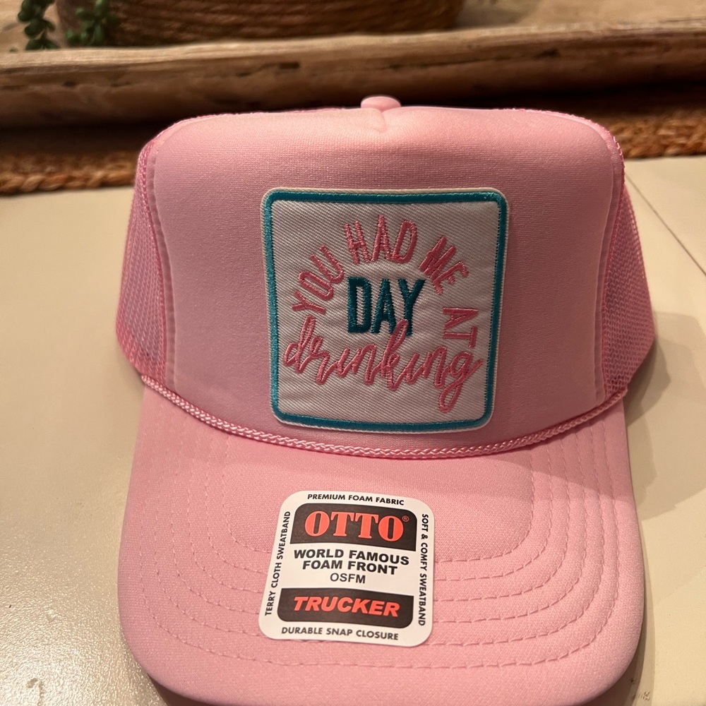 Pink, mint green and tan Trucker Hat by Otto with patches